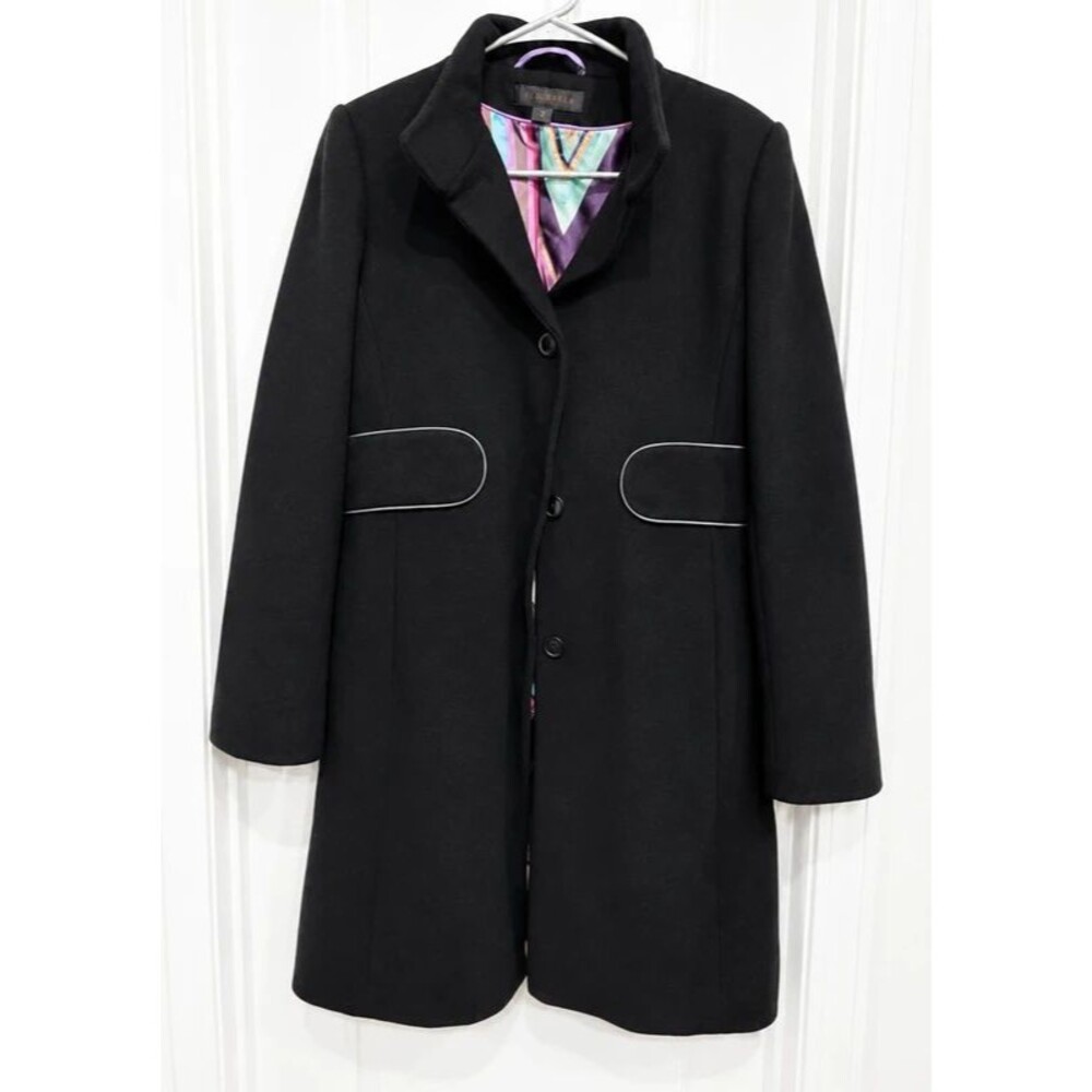Via Spiga Women’s Size 6 Black Wool Blend Coat Colorful Satin Lining